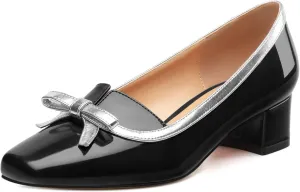 Women's Bow Low Chunky Block HeelsPatent Leather Square Toe Slip on Pumps Evening Wedding Party Office Dress Casual Shoes