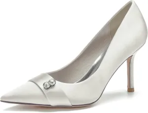Women's Bridal Shoes Closed Toe 3.35" Stiletto Heel Lace Satin Pumps Evening Wedding Heels,Ivory,6