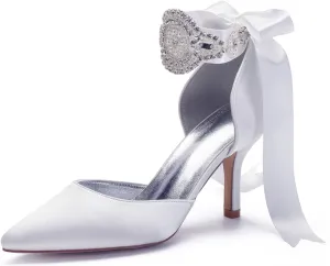 Womens Bridal Stiletto Heels Pointed Toe Wedding Shoes Satin Party Pumps Satin Ribbon Tie Wedding Shoes Evening Party Prom Bridal Shoes