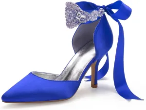 Womens Bridal Stiletto Heels Pointed Toe Wedding Shoes Satin Party Pumps Satin Ribbon Tie Wedding Shoes Evening Party Prom Bridal Shoes