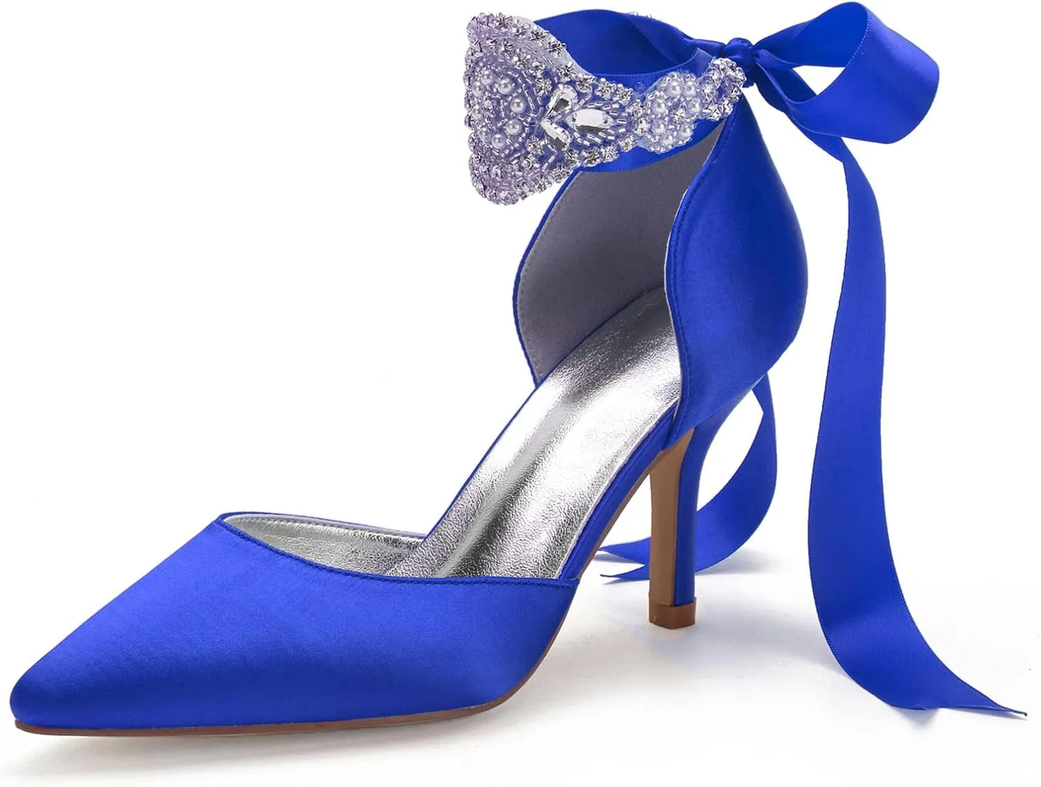 Womens Bridal Stiletto Heels Pointed Toe Wedding Shoes Satin Party Pumps Satin Ribbon Tie Wedding Shoes Evening Party Prom Bridal Shoes