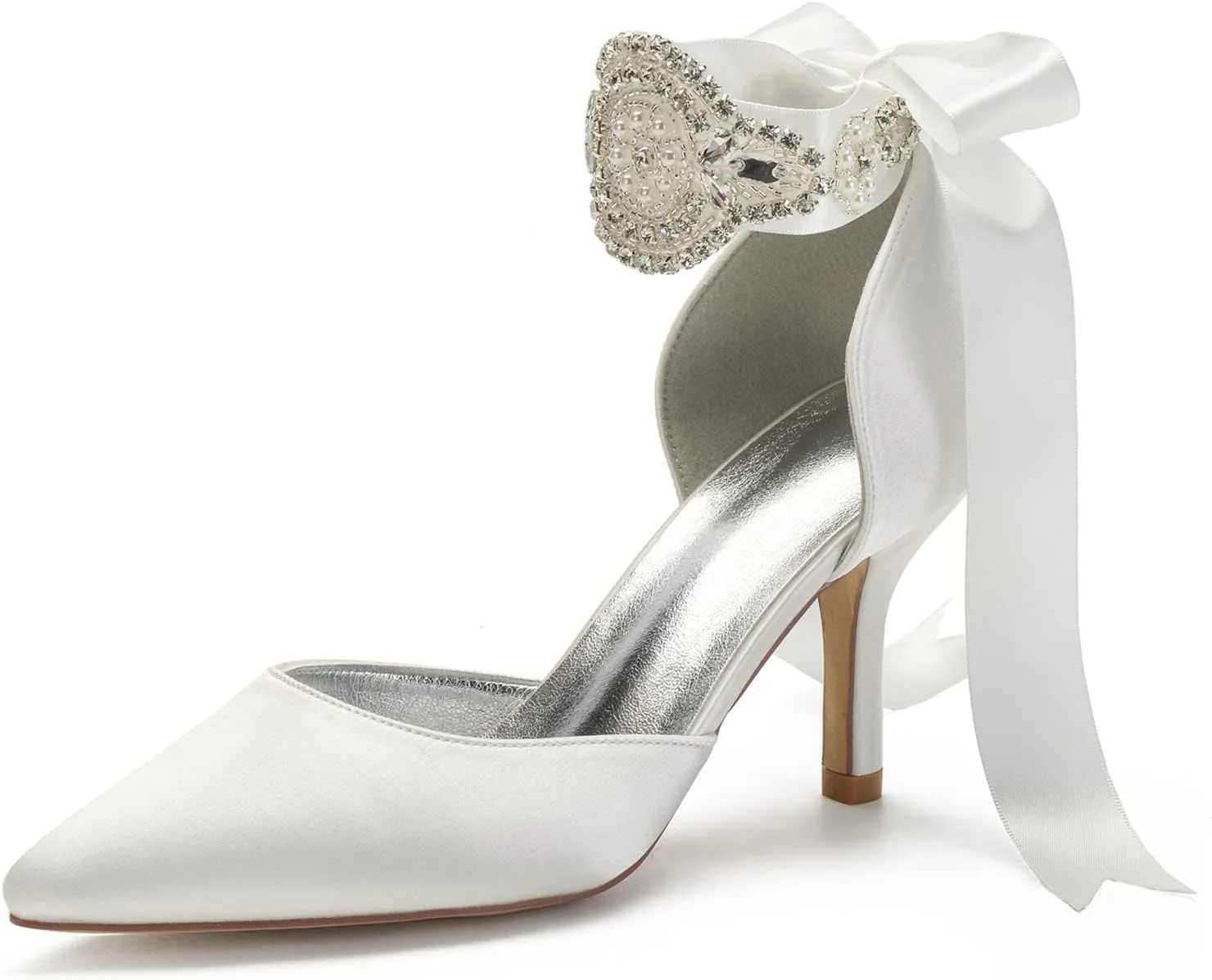 Womens Bridal Stiletto Heels Pointed Toe Wedding Shoes Satin Party Pumps Satin Ribbon Tie Wedding Shoes Evening Party Prom Bridal Shoes