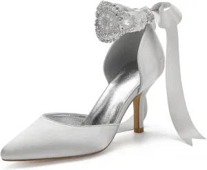Womens Bridal Stiletto Heels Pointed Toe Wedding Shoes Satin Party Pumps Satin Ribbon Tie Wedding Shoes Evening Party Prom Bridal Shoes