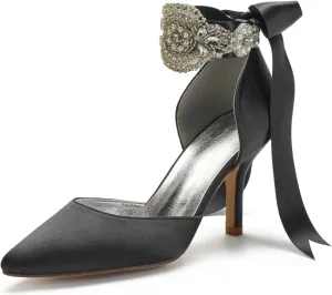 Womens Bridal Stiletto Heels Pointed Toe Wedding Shoes Satin Party Pumps Satin Ribbon Tie Wedding Shoes Evening Party Prom Bridal Shoes