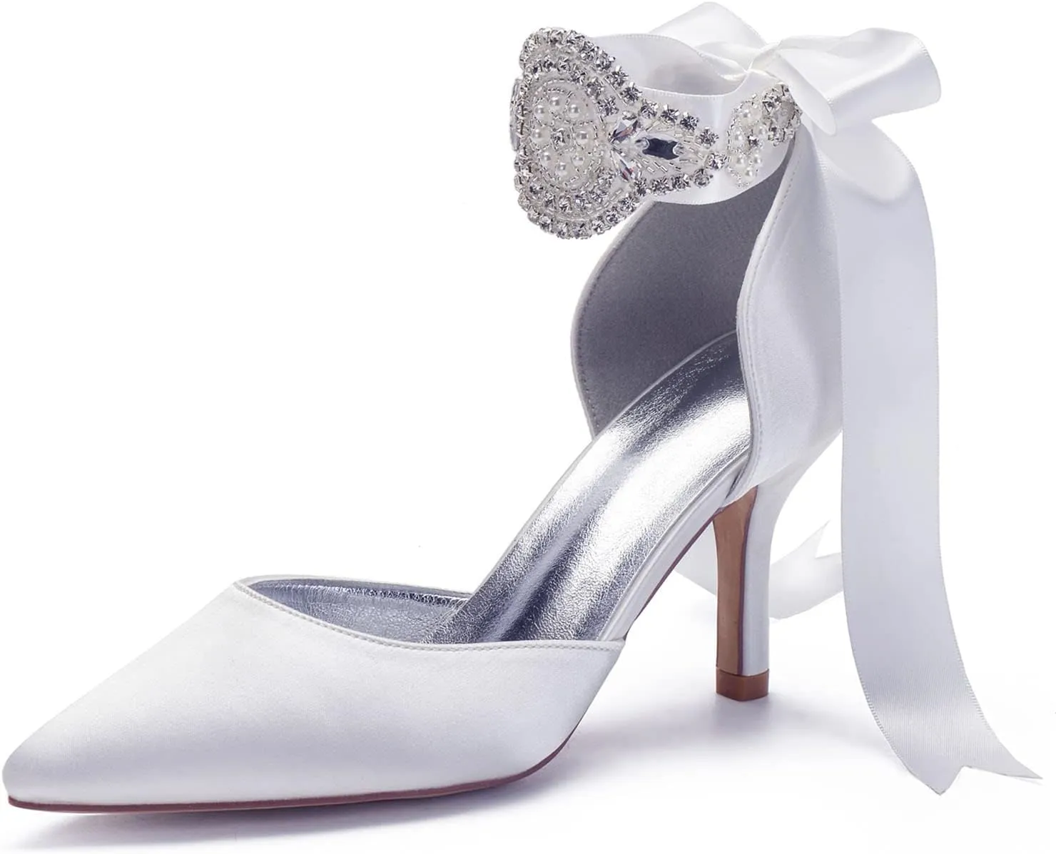 Womens Bridal Stiletto Heels Pointed Toe Wedding Shoes Satin Party Pumps Satin Ribbon Tie Wedding Shoes Evening Party Prom Bridal Shoes