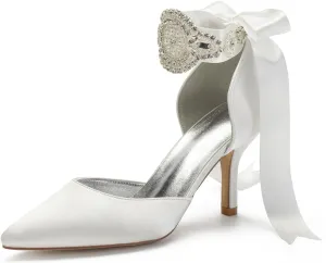 Womens Bridal Stiletto Heels Pointed Toe Wedding Shoes Satin Party Pumps Satin Ribbon Tie Wedding Shoes Evening Party Prom Bridal Shoes