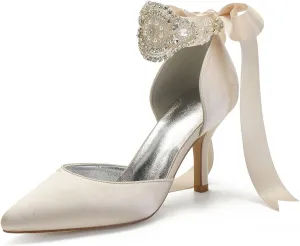 Womens Bridal Stiletto Heels Pointed Toe Wedding Shoes Satin Party Pumps Satin Ribbon Tie Wedding Shoes Evening Party Prom Bridal Shoes