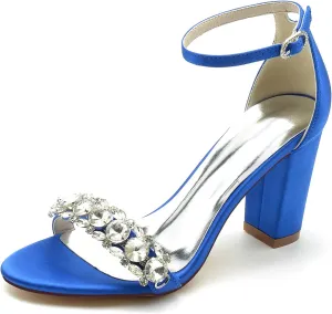 Women's Chunky High Block Heel Wedding Shoes for Bride Rhinestone Ankle Strap Bridal Heels Open Toe Wedding Heeled Sandals