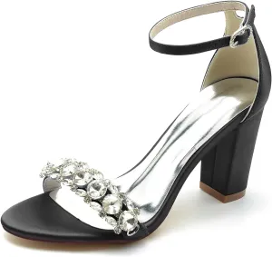 Women's Chunky High Block Heel Wedding Shoes for Bride Rhinestone Ankle Strap Bridal Heels Open Toe Wedding Heeled Sandals