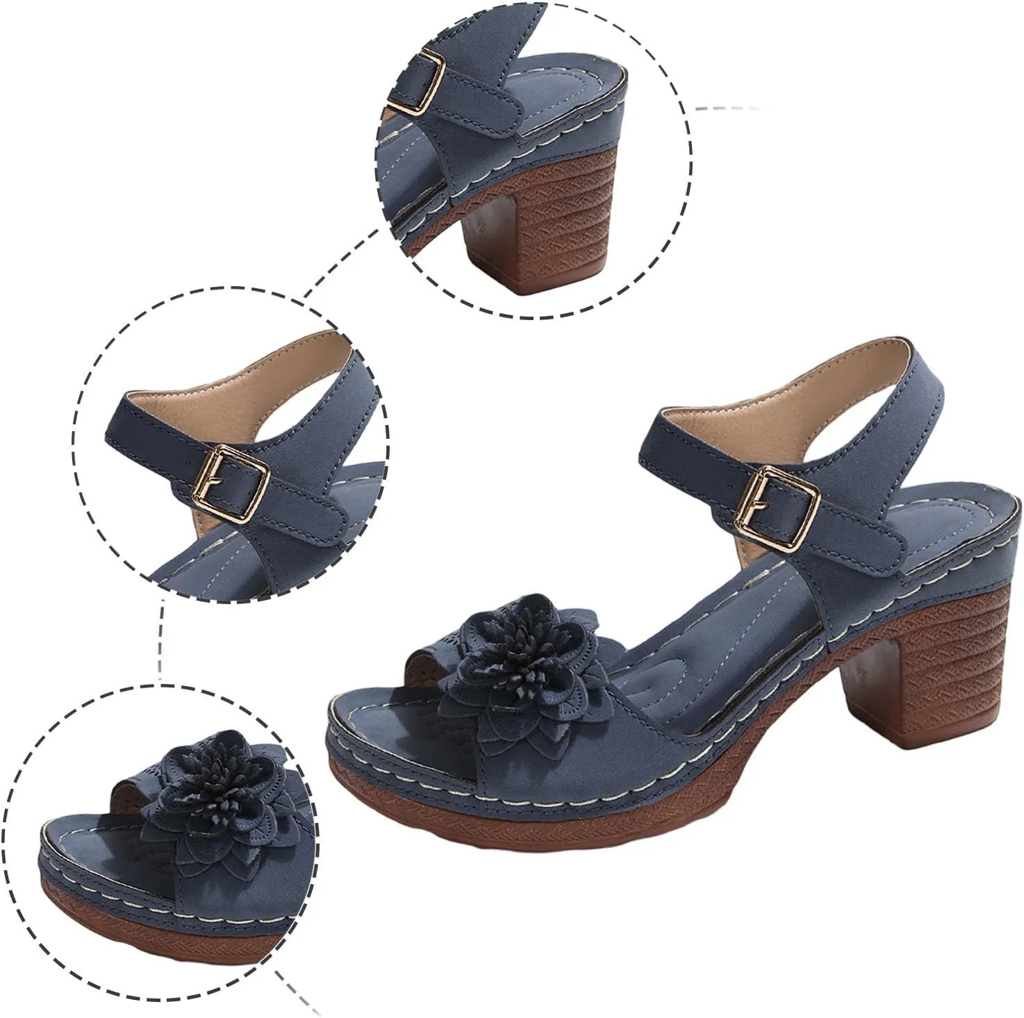 Women'S Chunky Low Heel Sandals Women Summer Solid Flowers Buckle Strap Casual Open Toe Square Heels Comfortable Beach