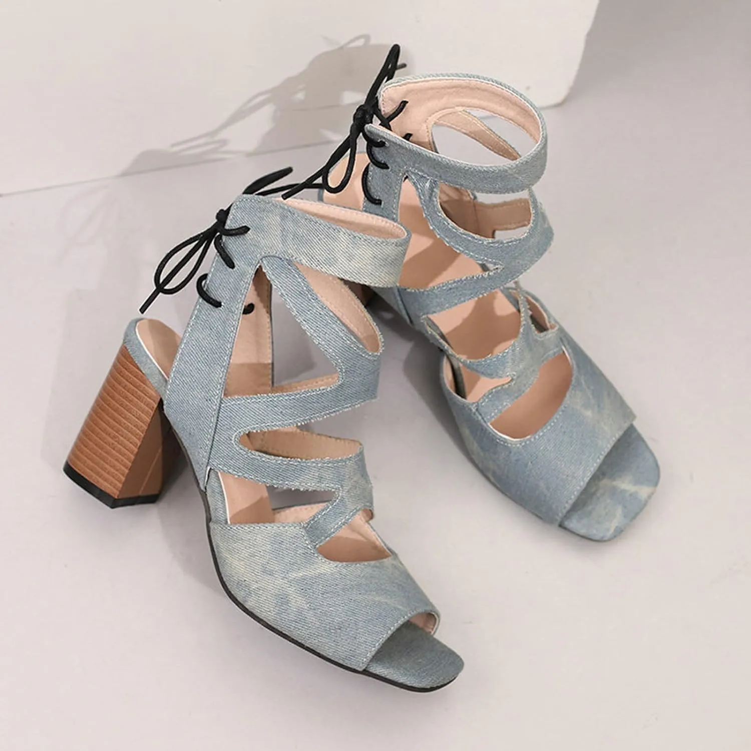 Women'S Chunky Low Heels Open Toe Block Heeled Solid Color Foreign Trade Square Head Back Heel Tie Thick Heel Big Size