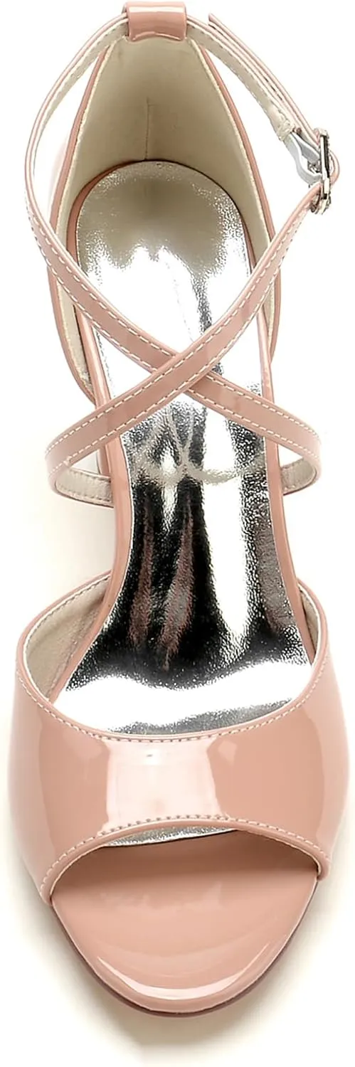 Women's Chunky Patent Leather Wedding Shoes Fish Mouth Cross Strappy Bridal Heels Peep Toe Evening Formal Dress Pumps Sandals