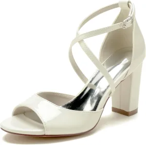 Women's Chunky Patent Leather Wedding Shoes Fish Mouth Cross Strappy Bridal Heels Peep Toe Evening Formal Dress Pumps Sandals