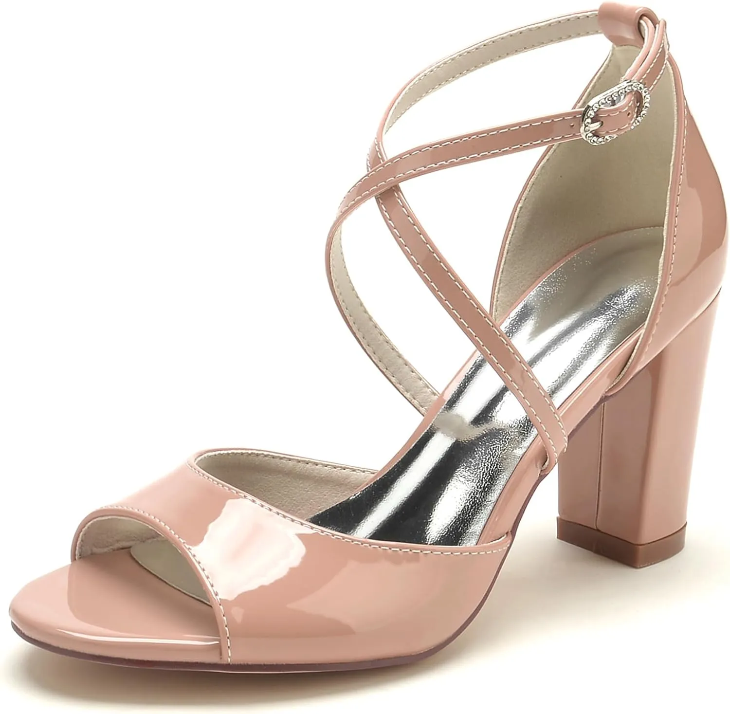 Women's Chunky Patent Leather Wedding Shoes Fish Mouth Cross Strappy Bridal Heels Peep Toe Evening Formal Dress Pumps Sandals