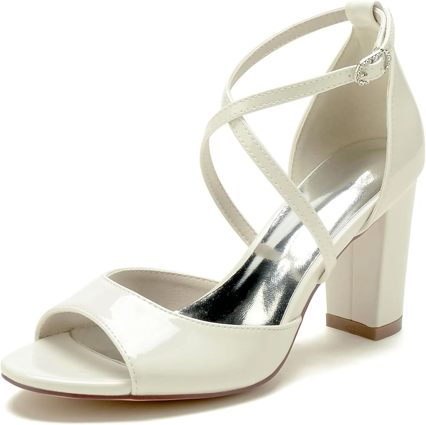 Women's Chunky Patent Leather Wedding Shoes Fish Mouth Cross Strappy Bridal Heels Peep Toe Evening Formal Dress Pumps Sandals