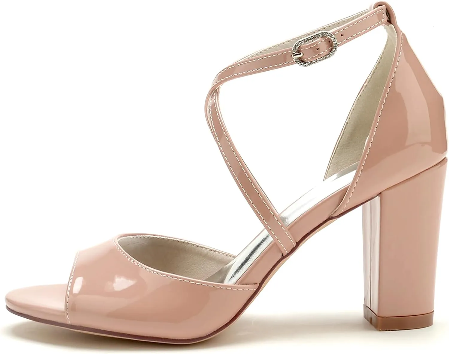 Women's Chunky Patent Leather Wedding Shoes Fish Mouth Cross Strappy Bridal Heels Peep Toe Evening Formal Dress Pumps Sandals