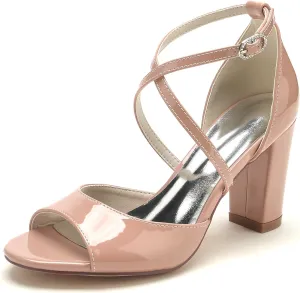 Women's Chunky Patent Leather Wedding Shoes Fish Mouth Cross Strappy Bridal Heels Peep Toe Evening Formal Dress Pumps Sandals