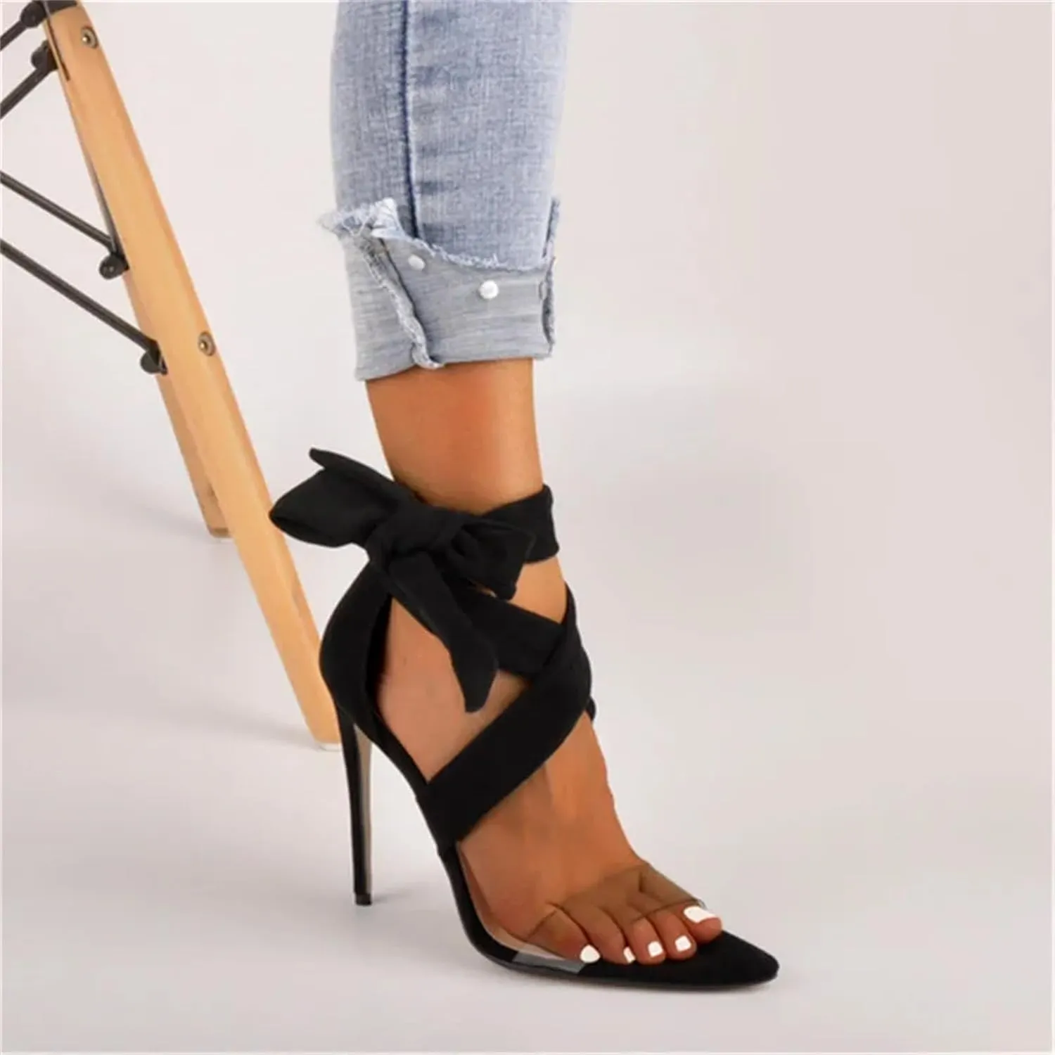 Women's Clear Band Peep Toe Mules - Lace Up Casual Party Heels