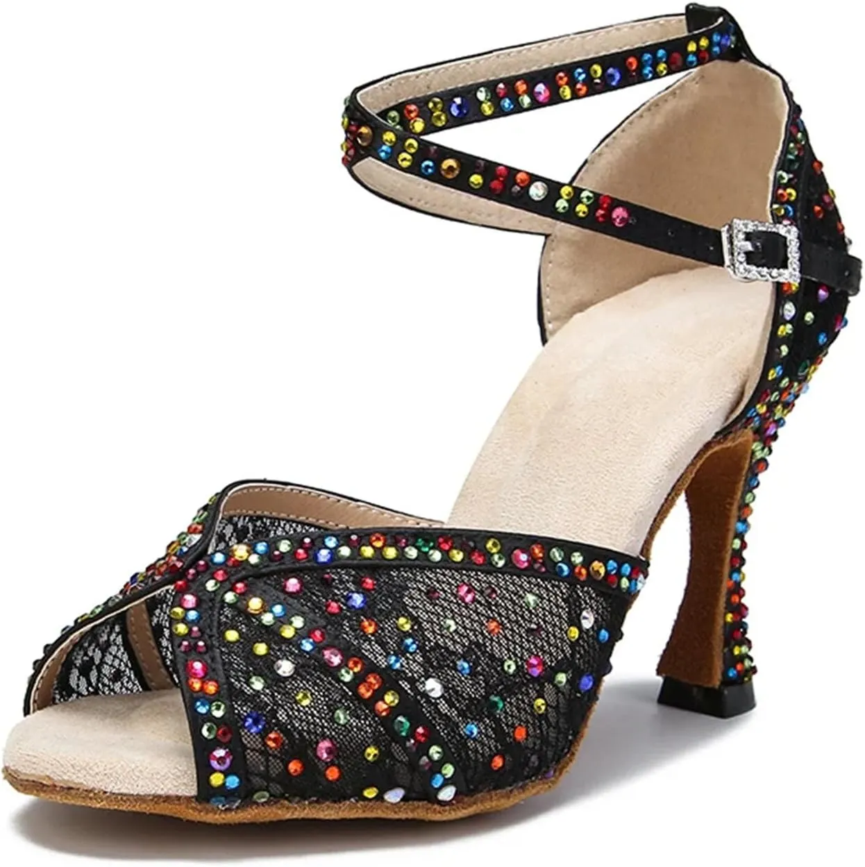 Women's Colored Rhinestone Dance Shoes - Mesh Tango Ballroom Party Heels, 5CM/2Inch Heel Height