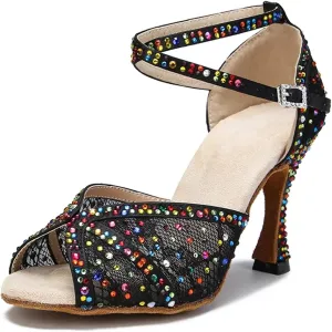 Women's Colored Rhinestone Dance Shoes - Mesh Tango Ballroom Party Heels, 5CM/2Inch Heel Height
