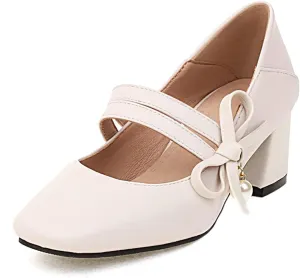 Women's Comfortable Square Toe Chunky Kitten Bow Mary Jane Heels, Retro Closed Toe Block Low Heel Office Mary Janes Shoes, Vintage Ankle Strap Work Dress Pumps