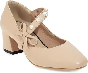 Women's Comfortable Square Toe Chunky Kitten Bow Mary Jane Heels, Retro Closed Toe Block Low Heel Office Mary Janes Shoes, Vintage Ankle Strap Work Dress Pumps
