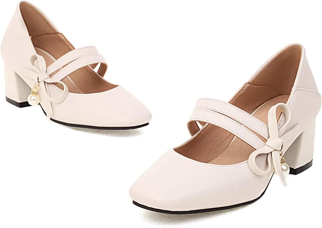 Women's Comfortable Square Toe Chunky Kitten Bow Mary Jane Heels, Retro Closed Toe Block Low Heel Office Mary Janes Shoes, Vintage Ankle Strap Work Dress Pumps
