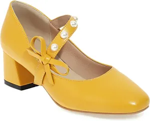 Women's Comfortable Square Toe Chunky Kitten Bow Mary Jane Heels, Retro Closed Toe Block Low Heel Office Mary Janes Shoes, Vintage Ankle Strap Work Dress Pumps