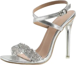 Womens Crystal Open Toe Strappy Sandals Square Toe Ankle Strap Stilettos Heeled Sandals Dress Wedding Party Heels