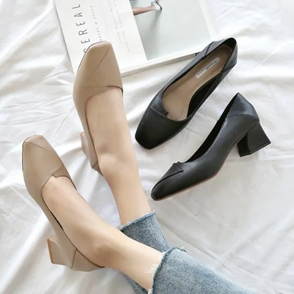 Women's Elegant Nude Square Toe Chunky Heels 63486141C