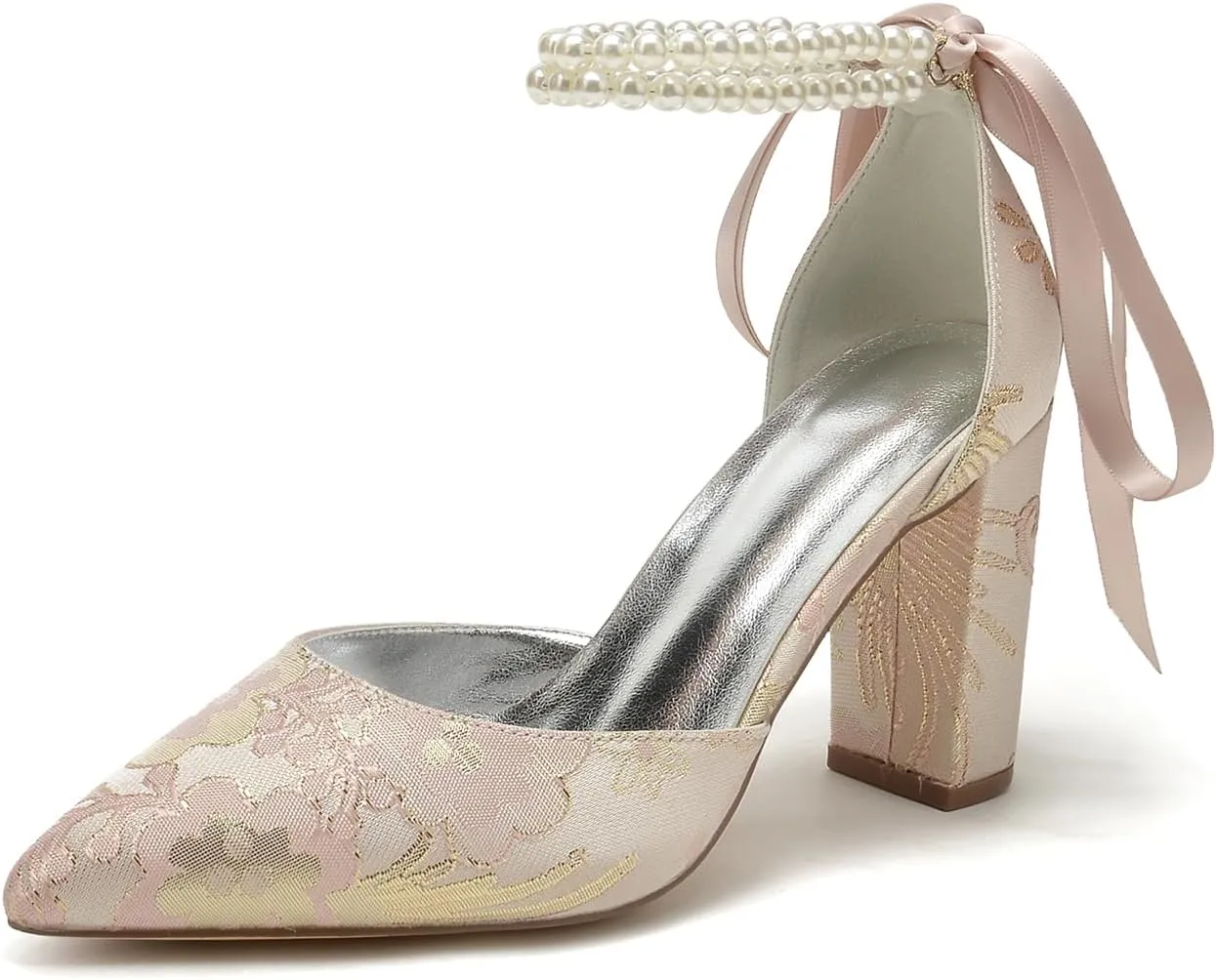 Women's Floral Satin Wedding Shoes Pointed Toe Pumps Block Heel with Pearl Chains Bridal Heels for Bride Sandals