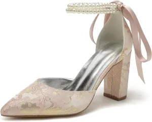 Women's Floral Satin Wedding Shoes Pointed Toe Pumps Block Heel with Pearl Chains Bridal Heels for Bride Sandals