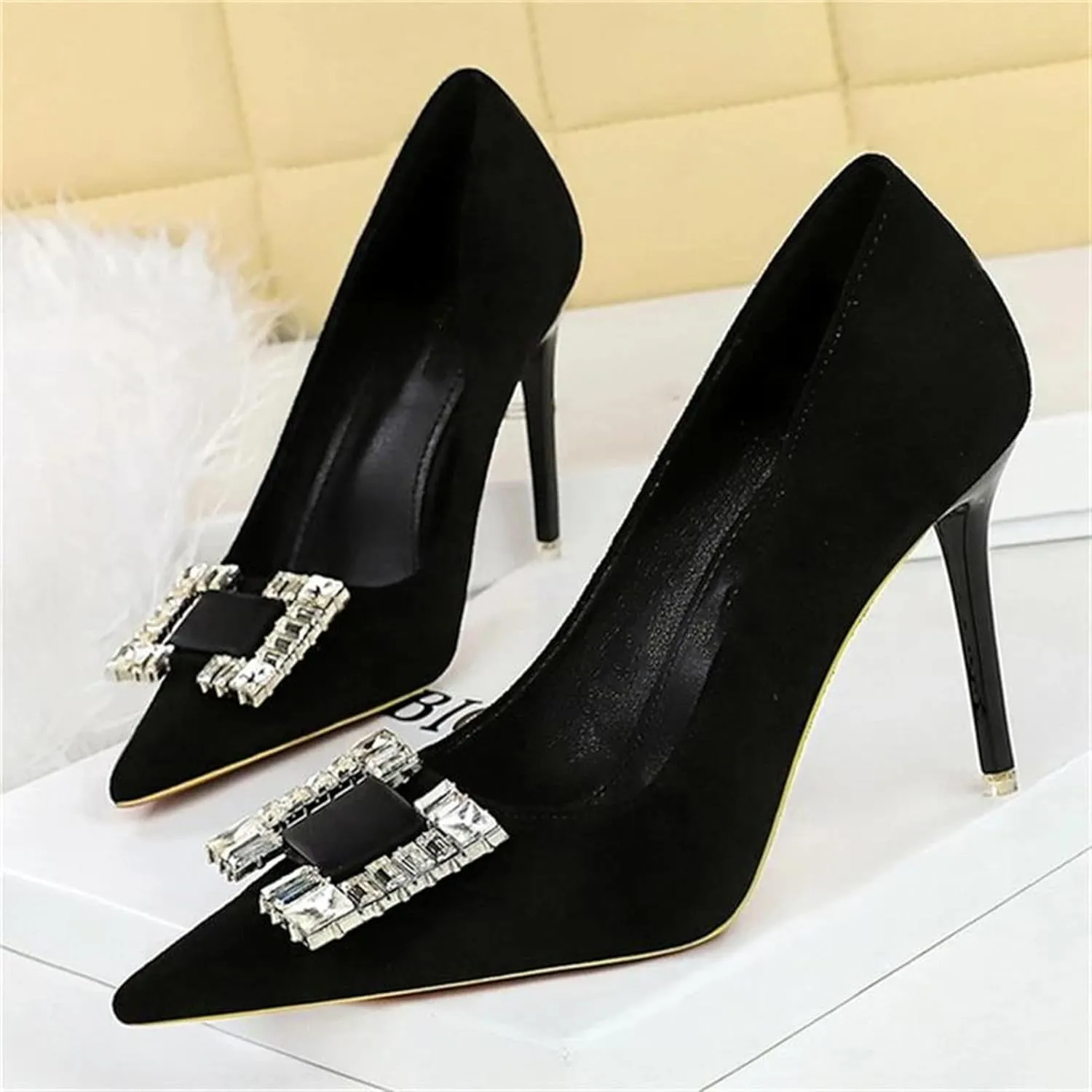Women's Glittery Rhinestone Square Buckle Pumps Pointed Closed Toe Slip On Business Casual Heels Formal Black Stilettos