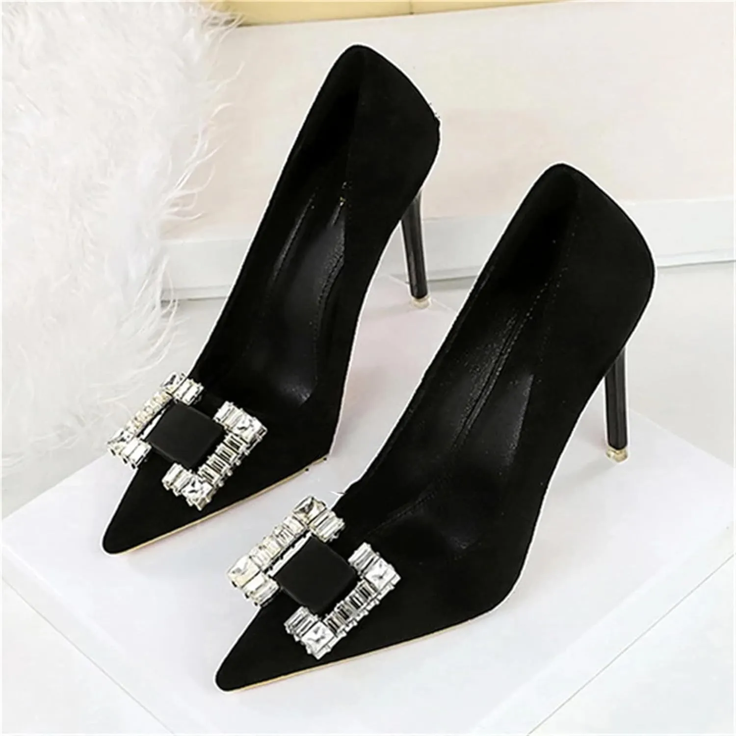 Women's Glittery Rhinestone Square Buckle Pumps Pointed Closed Toe Slip On Business Casual Heels Formal Black Stilettos