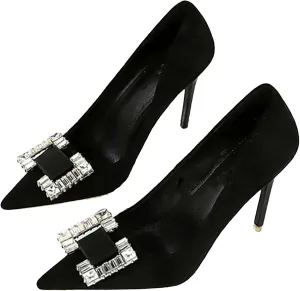 Women's Glittery Rhinestone Square Buckle Pumps Pointed Closed Toe Slip On Business Casual Heels Formal Black Stilettos
