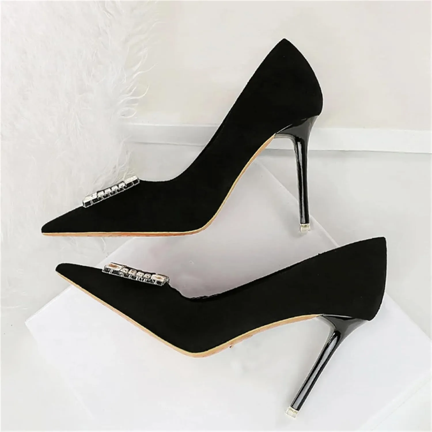 Women's Glittery Rhinestone Square Buckle Pumps Pointed Closed Toe Slip On Business Casual Heels Formal Black Stilettos