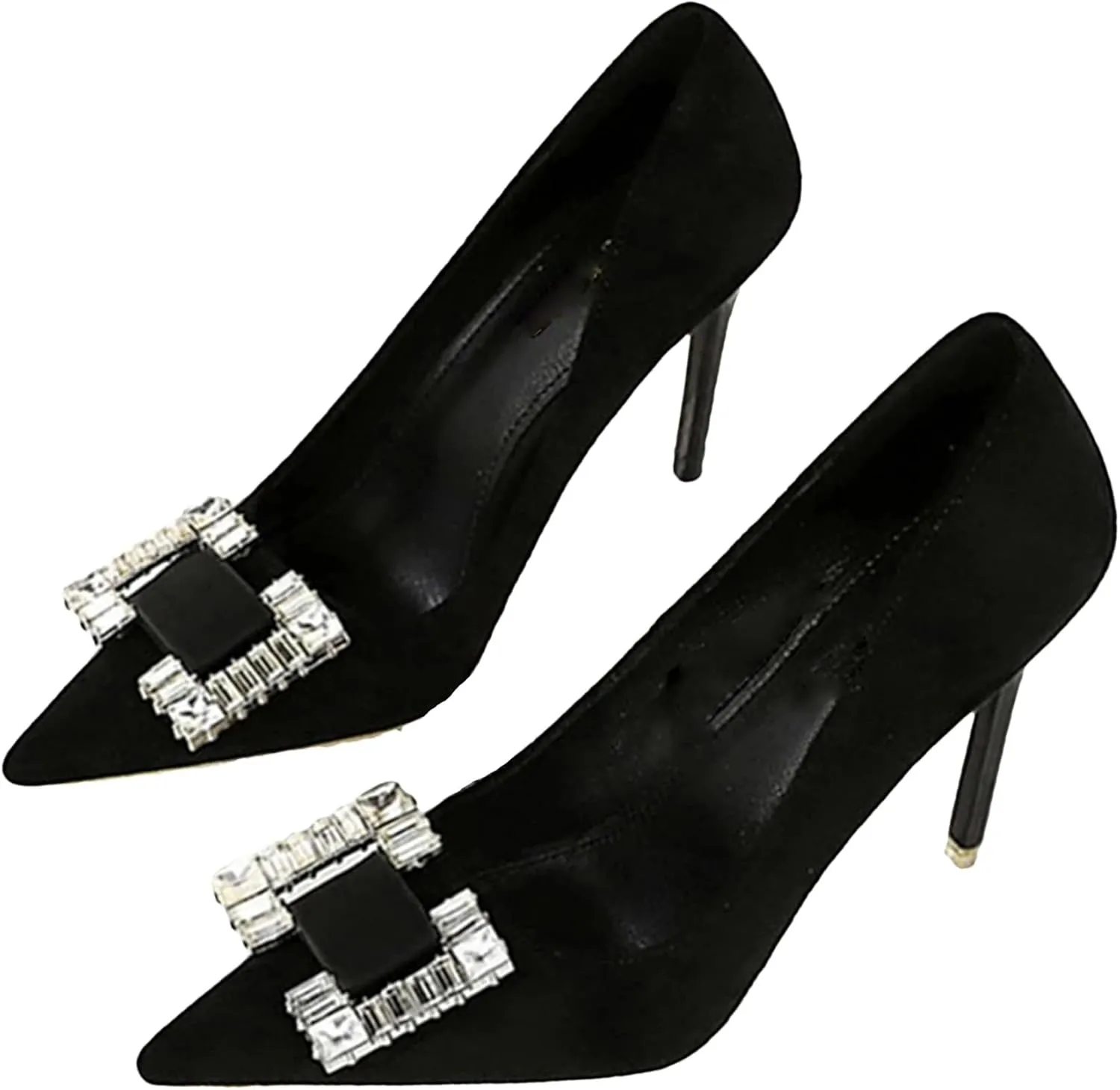 Women's Glittery Rhinestone Square Buckle Pumps Pointed Closed Toe Slip On Business Casual Heels Formal Black Stilettos