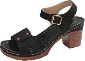 Women'S Heeled Sandal Women Summer Solid Buckle Strap Casual Open Toe Square Heels Comfortable Beach Shoes Sandals