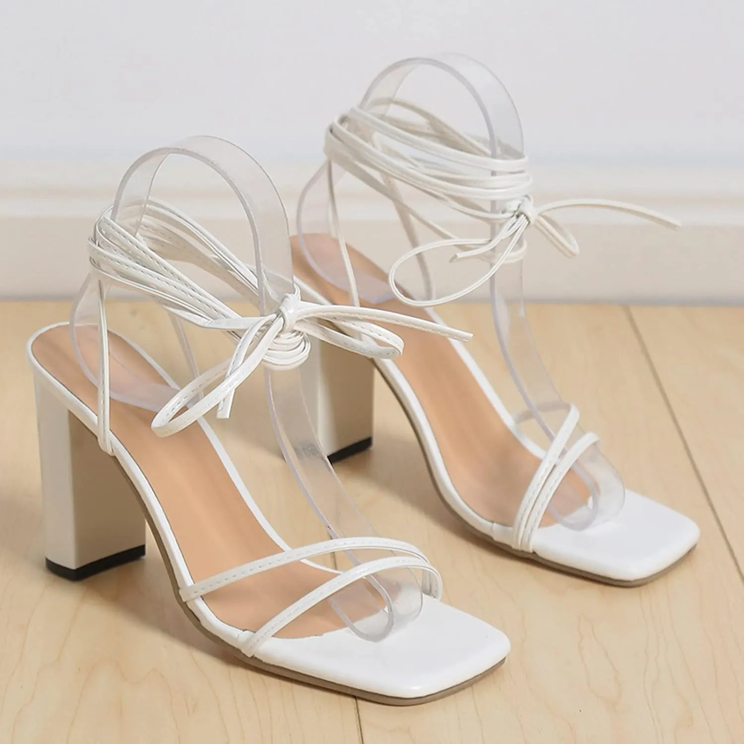 Women's Heels Chunky Block Strappy Square Open Toe Sandals Ankle Buckle Heeled Sandals Wedding Party Dress Shoes