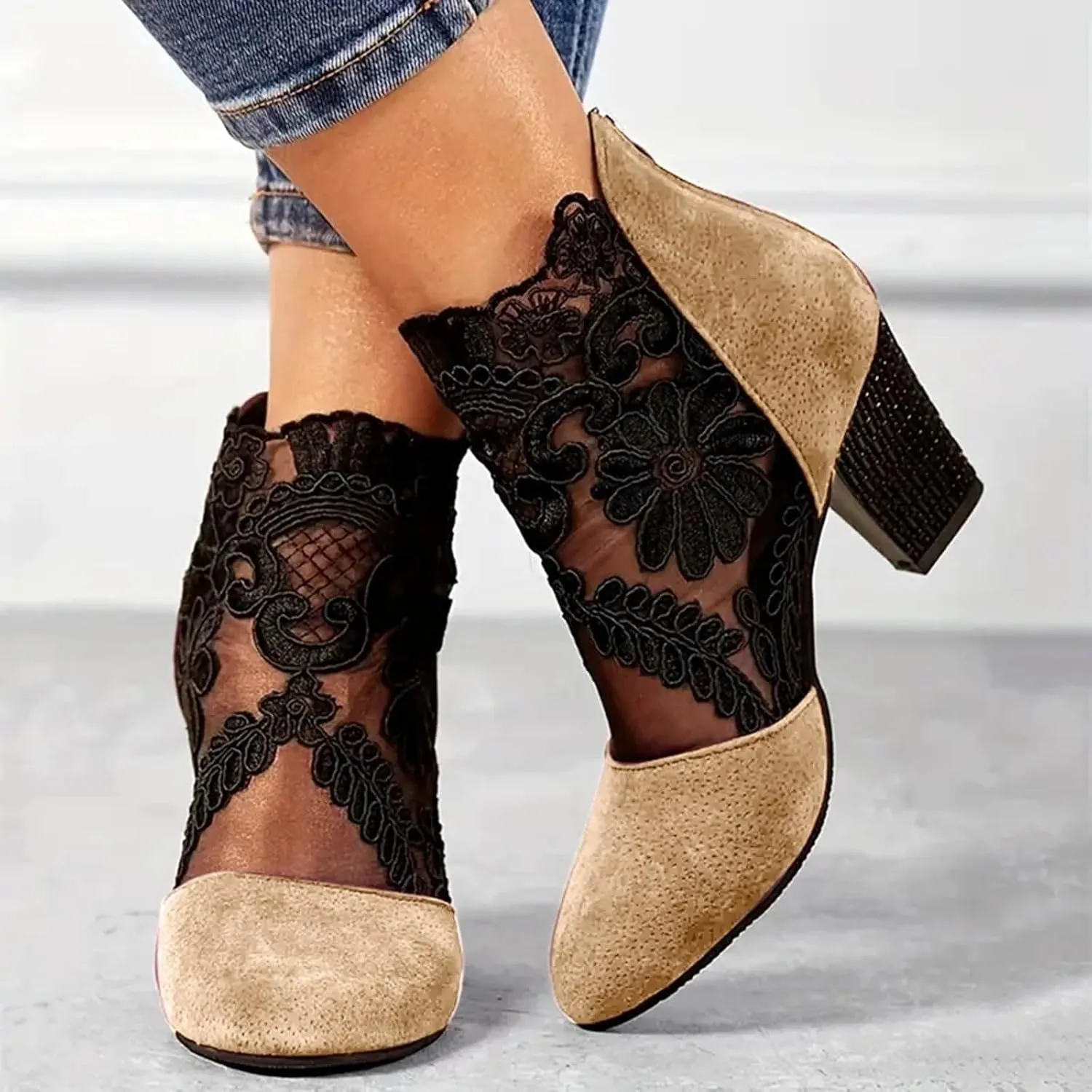 Women's Heels Pumps Women's Lace Fashion Round Toe Back Zipper Breathable Sandals
