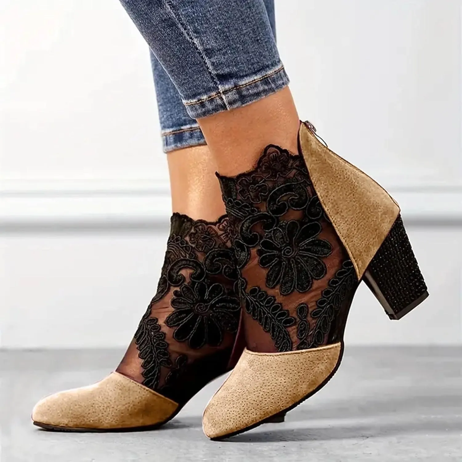 Women's Heels Pumps Women's Lace Fashion Round Toe Back Zipper Breathable Sandals