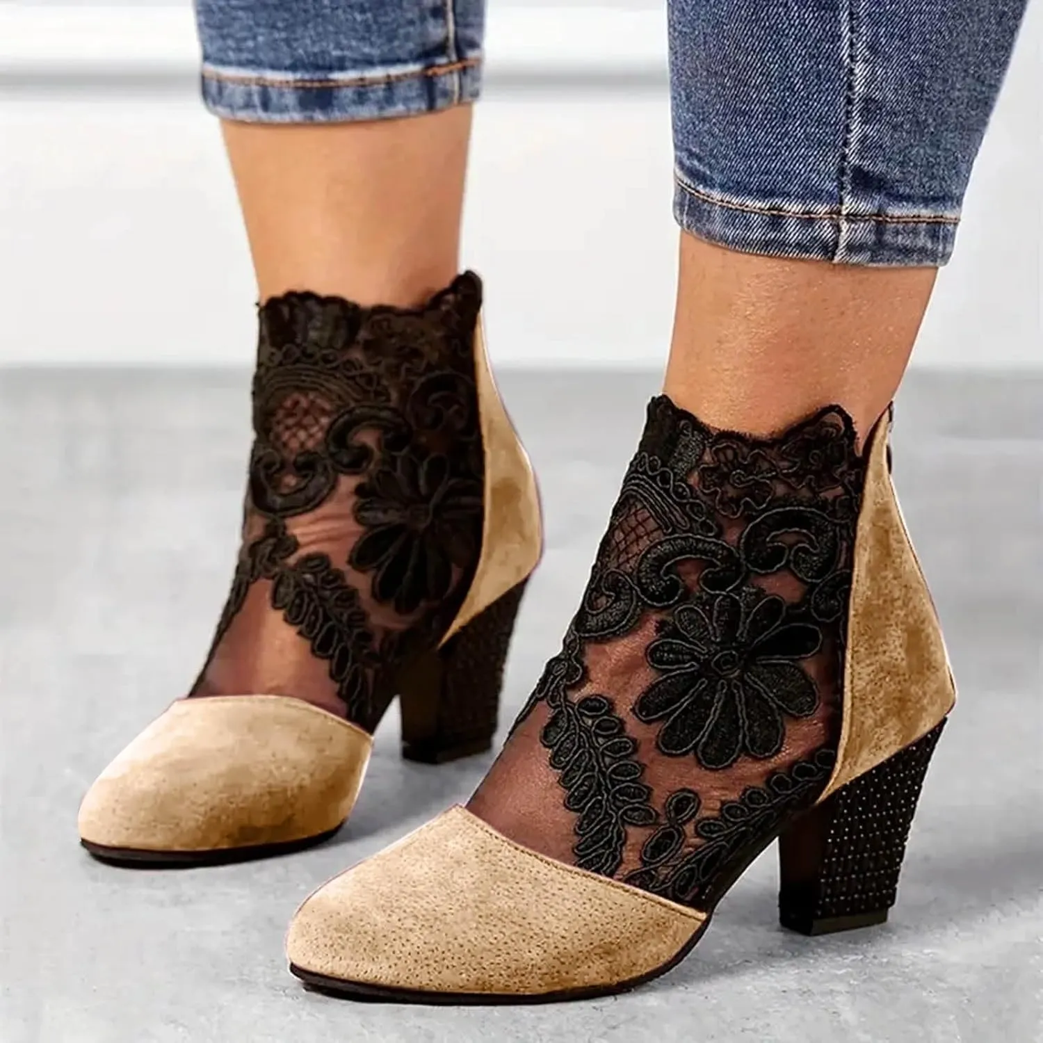 Women's Heels Pumps Women's Lace Fashion Round Toe Back Zipper Breathable Sandals