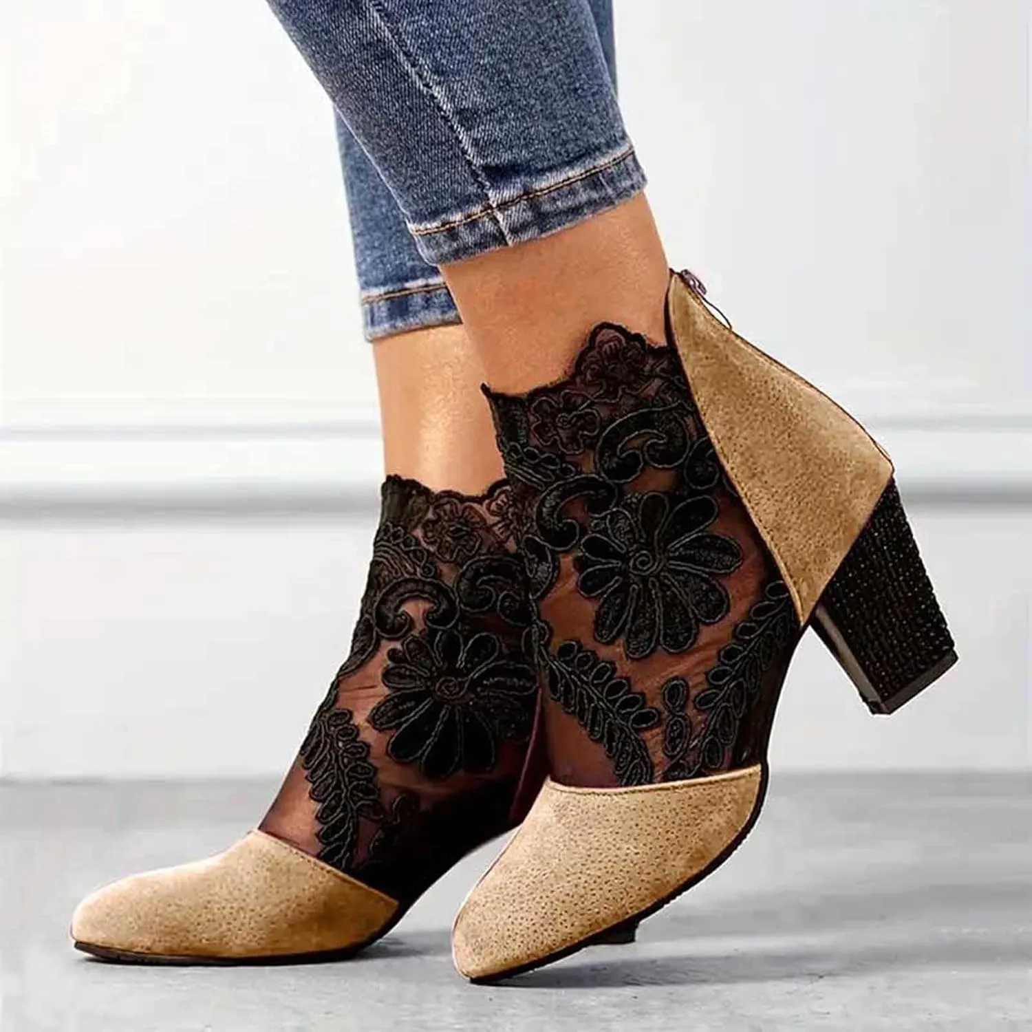 Women's Heels Pumps Women's Lace Fashion Round Toe Back Zipper Breathable Sandals