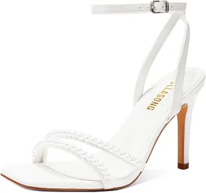 Women's Heels Strappy Ankle Strap High Heels 3.5 Inch Heeled Square Open Toe Sandals for Women