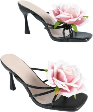 Women's High Heel Sandals with Gold Rose Accent  Elegant Evening Dress Shoes  Luxury Two-Strap Party Heels for Women