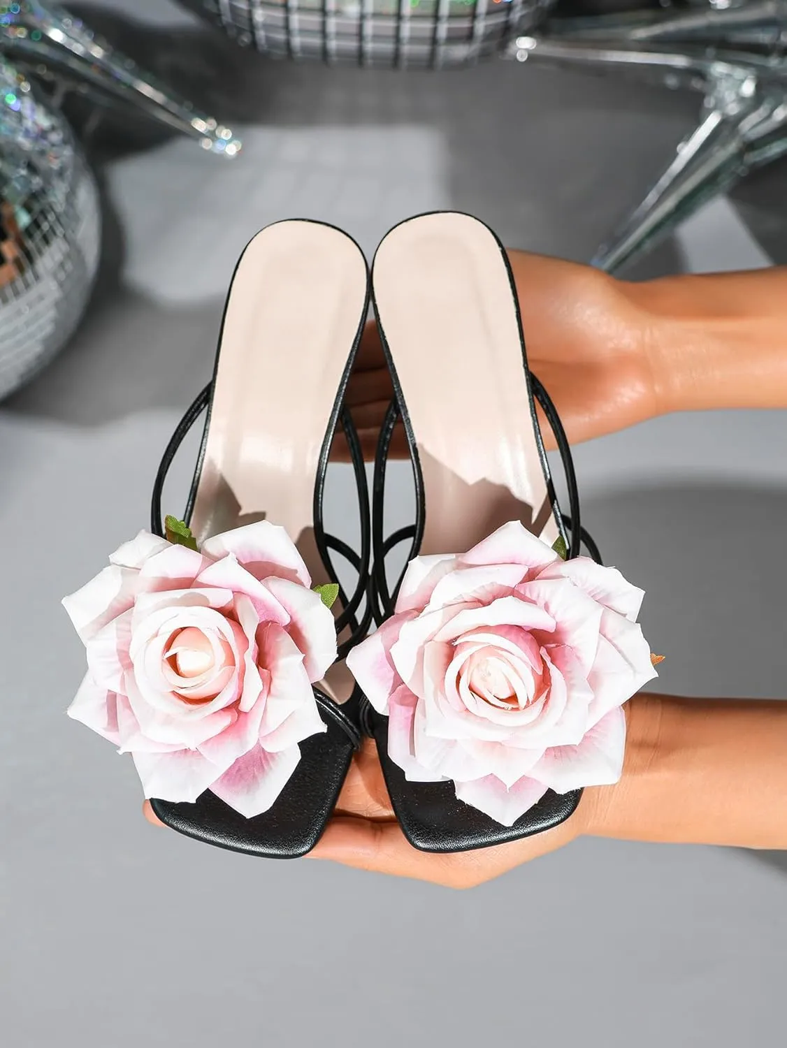 Women's High Heel Sandals with Gold Rose Accent  Elegant Evening Dress Shoes  Luxury Two-Strap Party Heels for Women