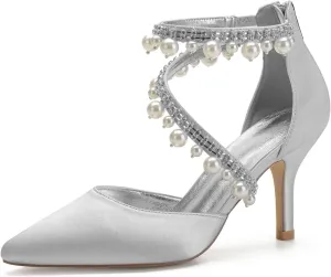 Womens High Heels Wedding Shoes Satin Peep Toe Wedding Shoes for Bride Pointy Toe Bridal Wedding Evening Party Stiletto Shoes