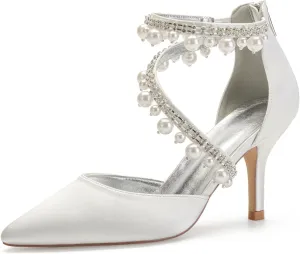 Womens High Heels Wedding Shoes Satin Peep Toe Wedding Shoes for Bride Pointy Toe Bridal Wedding Evening Party Stiletto Shoes