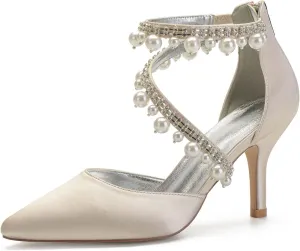 Womens High Heels Wedding Shoes Satin Peep Toe Wedding Shoes for Bride Pointy Toe Bridal Wedding Evening Party Stiletto Shoes