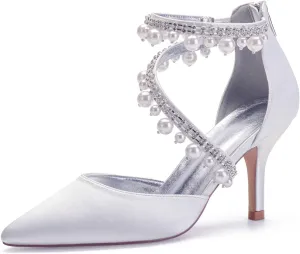 Womens High Heels Wedding Shoes Satin Peep Toe Wedding Shoes for Bride Pointy Toe Bridal Wedding Evening Party Stiletto Shoes